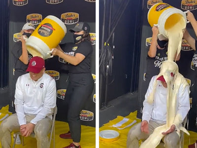 South Carolina coach Shane Beamer gets mayonnaise dumped on his head after Duke's Mayo Bowl win